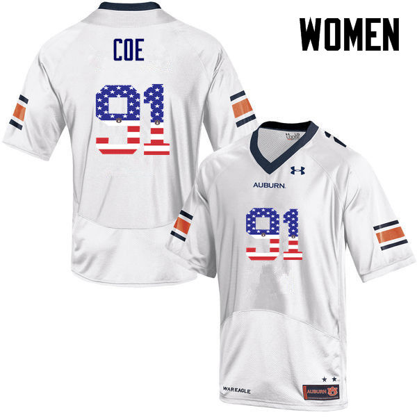 Women #91 Nick Coe Auburn Tigers USA Flag Fashion College Football Jerseys-White